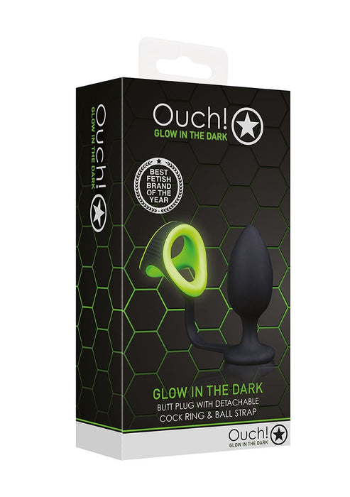 Butt Plug Cock Ring & Ball Strap Neon Groen/Zwart-Ouch! Glow in the Dark-Zwart met neon groen-SoloDuo